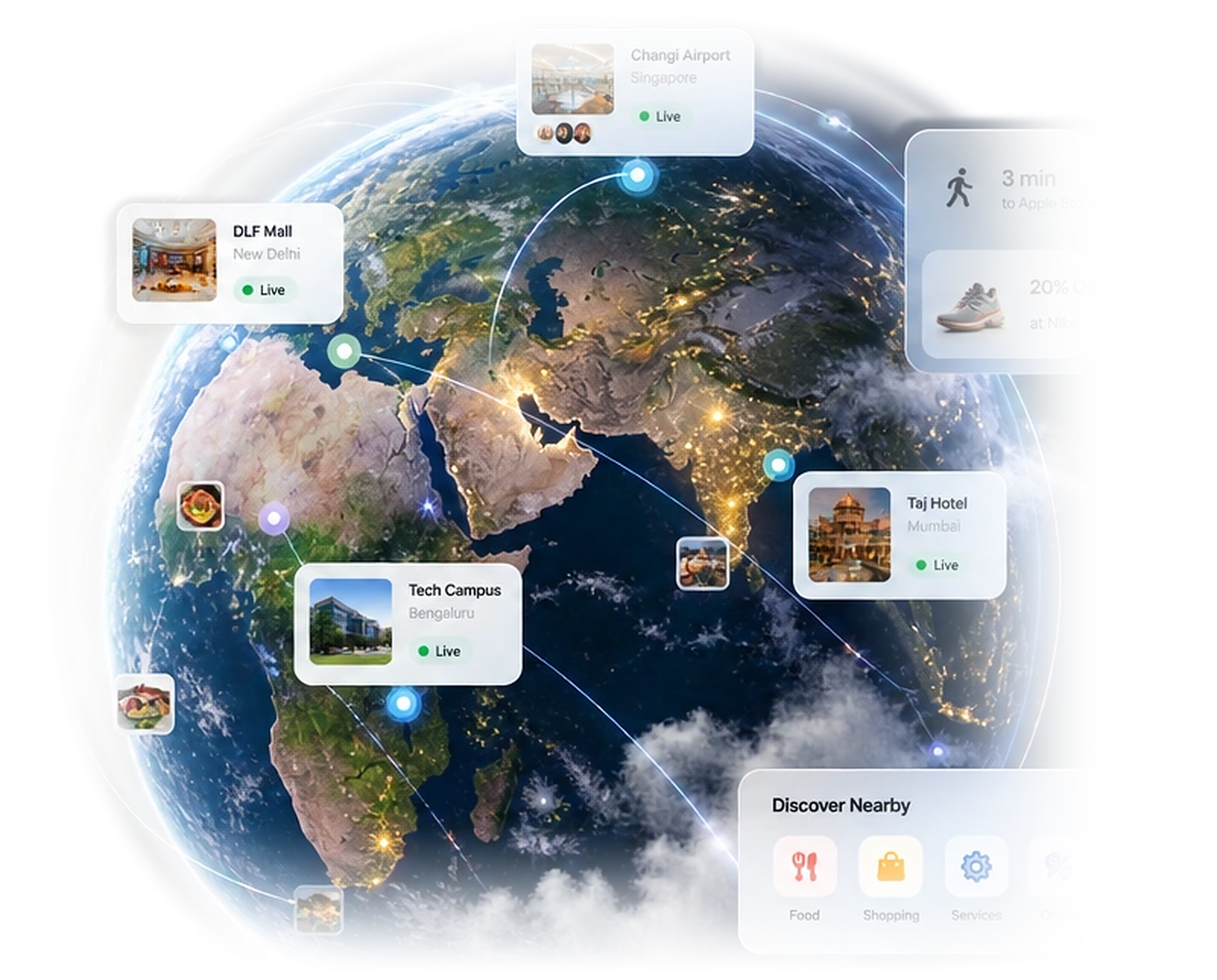 Holographic globe showing mapped commercial spaces and visitor routes
